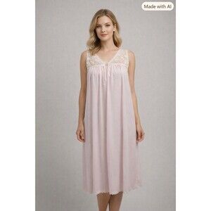 Shadowline Women’s Pink Long Nightgown Slip Dress M Lace Trim Floral Croquette